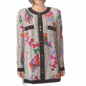 Vintage Louis Feraud Paris Pure Silk Geometric Print Blouse Jacket Tunic